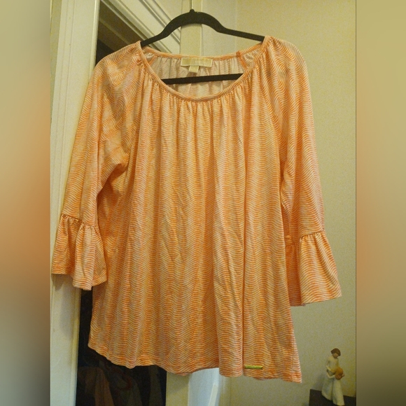 Michael Kors Womens Peach & White Striped Blouse Shirt Large 3/4 Bell Sleeves - Picture 1 of 6